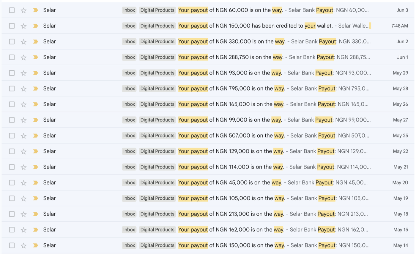 Wall of Selar payout notifications